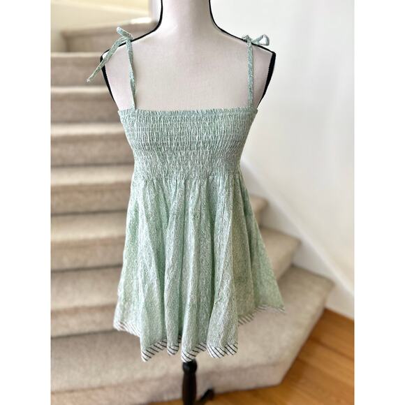 Rustic Passport Mint Green Block Print Shirred Peplum Hem Tank Top - Picture 1 of 5
